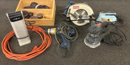 (7) Various GE and Ryobi Power Tools/Accersories, Table Light, Extension Cord, Sandpaper (All power tools tested and work. Unable to test table light due to no bulb)