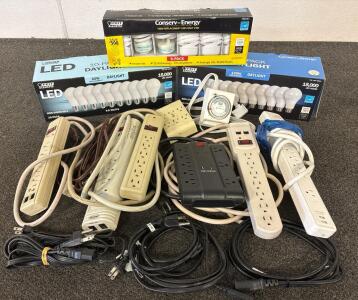 (19) Electric LED Bulbs, 100W & 60W Replacement, Daylight, 15,000 Hours. (15+) Various Power strips/outlets