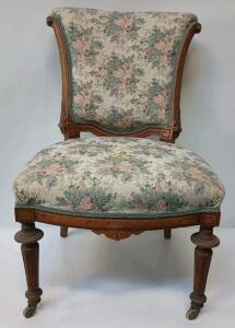 Antique French Louis XV Style Carved Walnut Side Chair With Floral Tapestry Upholstery