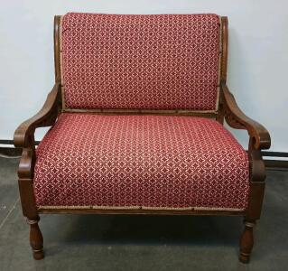 Wooden Loveseat Upholstered In A Red Jacquard Diamond Pattern Fabric L=36" W=29" H=37"