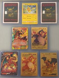 (2) Custom KABOOO! Zombie Pikachu Pok&eacute;mon Cards With 1G Silver Bar (5) Gold Foil Fan Art Charizard Pok&eacute;mon Card W/ (1) Classic Pikachu Pok&eacute;mon Card