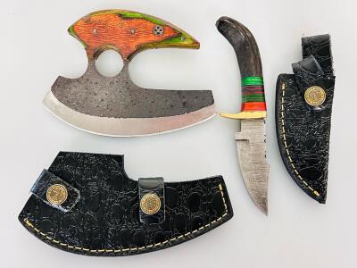 Ulu and Hunting Knives Set with Damascus Blade, Colorful Handles, Sheaths Included