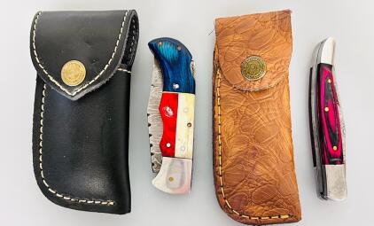 Damascus Steel Folding Pocket Knife, Leather Sheath, Multi-color Handle