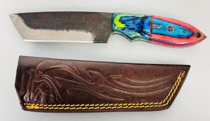 Custom Fixed Blade Knife, Tanto Blade, Multicolored Laminated Wood Handle