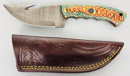 Damascus Steel Hunting Knife with Gut Hook, Colorful Wood Handle