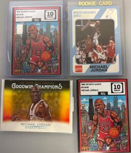 Michael Jordan Basketball Trading Cards Including (2) 1986 Sports Goats Michael Jordan Rookie Card From Allen Player, 2021 Upper Deck Goodwin Champions Michael Jordan #61 And More