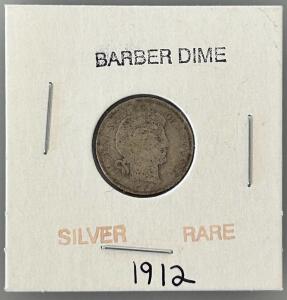 1912 Barber Dime, 90% Silver, No Mint Mark, Liberty Head, Rare