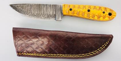 Damascus Steel Fixed Blade Knife with Carved Wood Handle & Leather Sheath