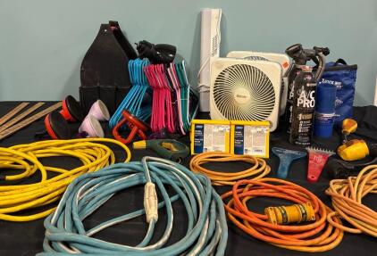 Home Lot Various Hangers Extension Cords (2) Massey Fans (1) Set Lynx Recreational Vehicle Levelers And More