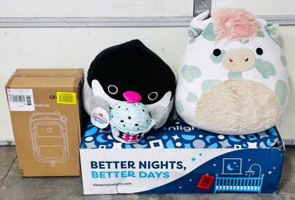 Moonlight Little Dreamer Crib Matress (Standard Size), Original Squishmallow Cow, Snackles Series 2 Plush Animal, and Collapsible Baby Bathtub