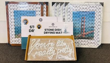 Spotwells Stone Dish Drying Mat, Medium and Large Sizes, High Absorbency, (6) Poster Frames, and Neon Sign