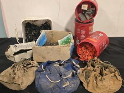 Hardware- (2) Containers Of Cap Nails, (3) Leather Pouches Of Nails And Screws