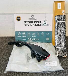 Spotwells Stone Dish Drying Mat (Medium), Fabric Wall Hanging Decor, Electric Massager (Tested and Works), and Size XS/S Savage Fenty Woman's Robe (Grey)