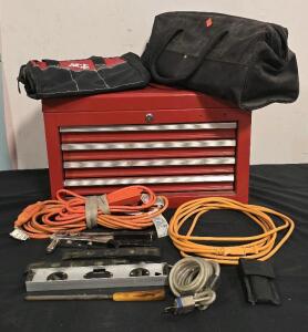Red (4) Drawer Tool Box, Extension Cords, Tool Bags And More