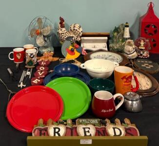 Home Decor And Kitchen Lot Plates Bowls Cups Vintage Fan Antique Clocks And More