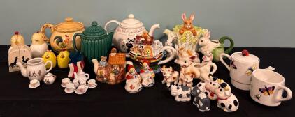 Antique Tea Pots And Salt And Pepper Shakers Including Cows Bunnies And Roosters