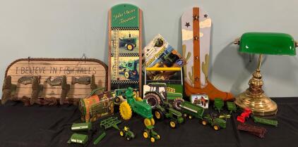 John Deere Lot (1) Outdoor Thermometer (1) Cowboy Boot Wall Hanging (1) Fishing Wall Hanging And Various John Deere Tractor Collectables