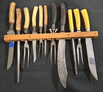 (3) Knife, Cutting Fork And Sharpener Sets On A Hanging Wooden Cutlery Mount