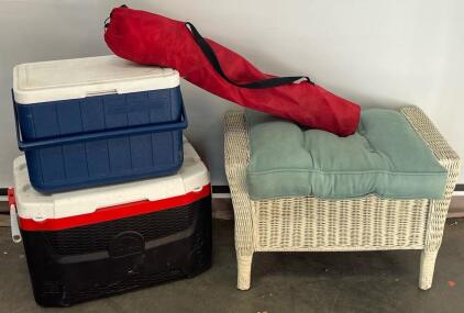 Igloo 55Qt Cooler, Coleman Cooler, Glaciers Edge Camp Chair & Outdoor Wicker Bench