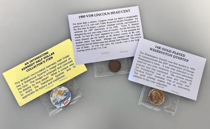 1909 VDB Lincoln Cent, 24K Gold-Plated Quarter, Kennedy Half Dollar Set