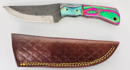 Custom Fixed Blade Knife, Damascus Steel, Multi-Colored Handle