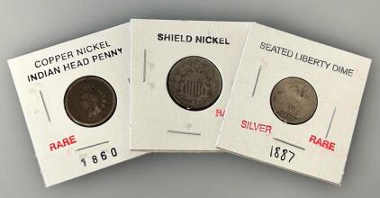 (3) Collector Coins: 1887 Seated Liberty Dime, Shield Nickel, 1860 Copper Nickel Indian Head Penny