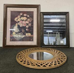 Framed Flower Painting 29"x35", Framed Mirror 23"x29", Round Wicker Mirror 28"x28"