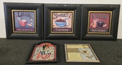 (3) Framed Fruit Pictures 21.5"x21.5", Jazz Wall Decor 13"x17", Breath Wall Decor 14"x14"