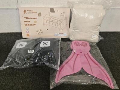 Rocking Doll Cradle, Mermaid Swimming Fin, 90"x90" Blanket & More