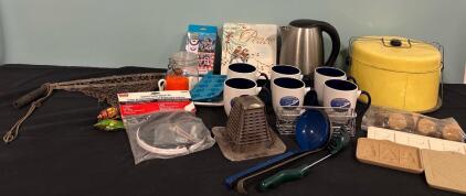 Various Kitchen Products Includng (6) Piece Coffee Myg Set (1) Farberware Electric Kettle And Cowboy Themed Napkin Holders