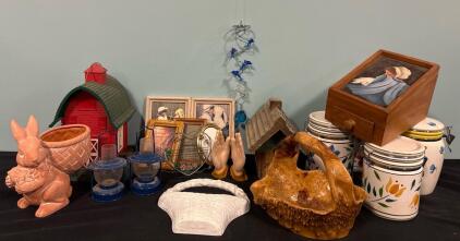 Home Decor Lot (4) Piece Canister Set Various Picture Frames Red Barn Bird Feeder And More