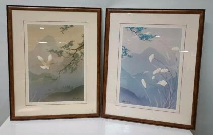 Vintage 1980s Kaisha Tsual White Bird Print, And A Print Titled "Flying South" By The Same Artist, Both 30" x 24"