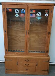 Double Glass Door Gun Cabinet With Bottom Cabinet With 3 Drawers And 2 Side Cabinets Bottom L=51 1/2" W=16 1/2" H=22 1/2" Top L=49 1/2" W=13" H=55"