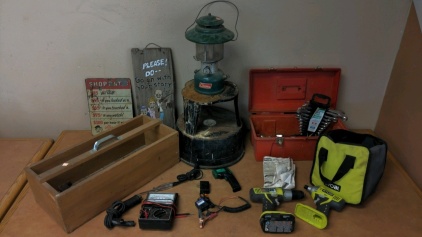 Ryobi Drills, Electronic Testers, Coleman Lantern, Hand Tools, More