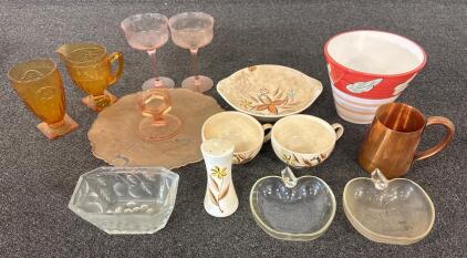 Vintage Assorted Glassware and Pottery Set, Depression Glass Style