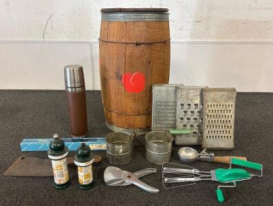 Vintage Kitchen Utensils Collection, Barrel, Cleaver, Knife Sharpener, Starbucks Thermos, multiple graters and more!