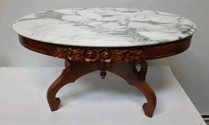 Vintage Louis XV-Style Oval Carved Solid Mahogany Coffee Table With Marble Top