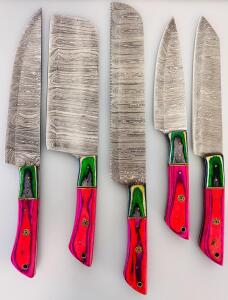 Damascus Steel Kitchen Knife Set, Multicolored Wood Handle, 5-Piece