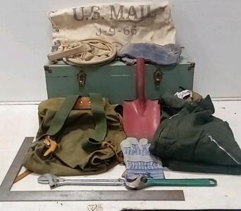 Wooden Foot Locker (24"x12"x11.5".) Walls XL Blizzard Proof Coveralls. TrueCtaft Wrench. Large Work Glove. Boise National Forest Canvas Backpack+ More.