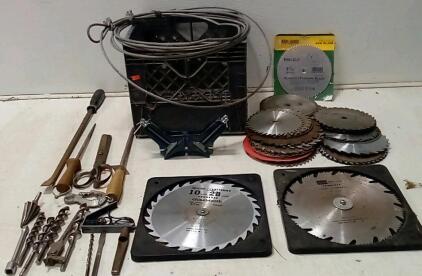 (Lot Of) Saw Blades. Wire Rope Sling With Cable Clamp. Corner Clamp. Drill Bits. Misc Tools.