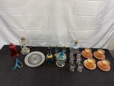 Vintage Glassware Collection - Blue & Gold Accents, Includes Plate, Glasses, Jar