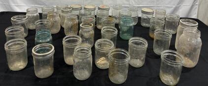 30 Vintage Mason Jars, Mixed Sizes, Clear and Blue Tint, Embossed Logos