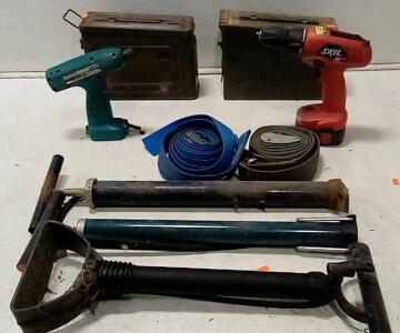 (2) Ammo Cans. Makita Impact Diver (Unable To Test / No Battery.) Skil 12 Volt Drill (Unable To Test. No Charger.) (2) Tie Downs. +More