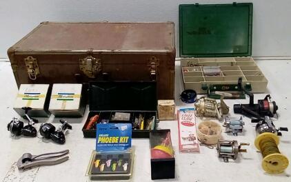 Vintage Foot Chest (25"x14"9".) (7) Fishing Reels (5 Are Vintage.) Large Excaliber Tackle Box With Fishing Gear. Various Other Flies And Lures. +More.