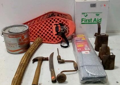 (2) Pairs Of Snow Shoes. Live Bait Bucket. Rain Stick. Jumbo Vehicle Sunshade. (3) Antique Cow Bells. First Aid Box (Empty.)+More