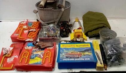 7" Holster. Antique Clothes Washing Basin. Scotch Duck Call. Heavy Wool Blanket (Clean.) (3) Hot Wheels Cases (Empty.) + More.