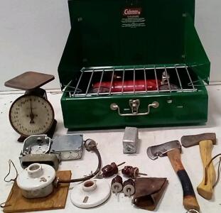Cole Double Burner Propane Stove. (Unable To Test / Looks Clean.) (2) Hatchets. Antique Postal Scale. Misc Light Fixtures.