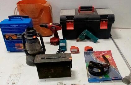 Skil (12V Drill. Unable To Test.) Makita Drill (Model# 6041D.) (2) Makita 9.6V Batteries + Charger. Ammo Can. Kerosene Lantern. Hot Wheel Car Carrier. Large Toolbox. +More.