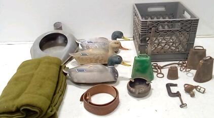 (3) Duck Decoys. Heavy Wool Blanket (Clean.) (5) More Cowbell. Antique Ash Tray. Antique Tools. + More.