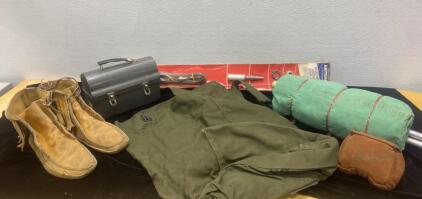 Magnetic CB Antenna ( Unopened ) / Moccasins ( No Size ) / Metal Lunch Box / Sturdy Bag and Camping Tent